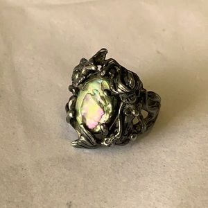 Sterling Silver Vintage 1950s Ring Fish and Mermaid Circling Abalone Size 5